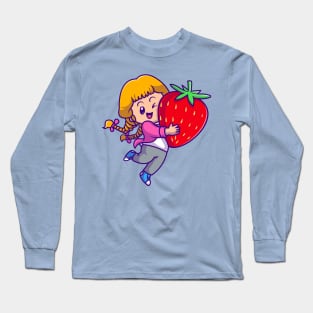 Cute Girl Holding Strawberry Cartoon Long Sleeve T-Shirt